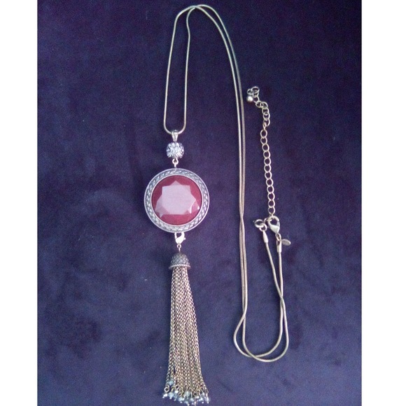 C&C Jewelry - C&C Reversible Red Grey Faceted Stone Long Tassel Snake Chain Necklace Boho 30in